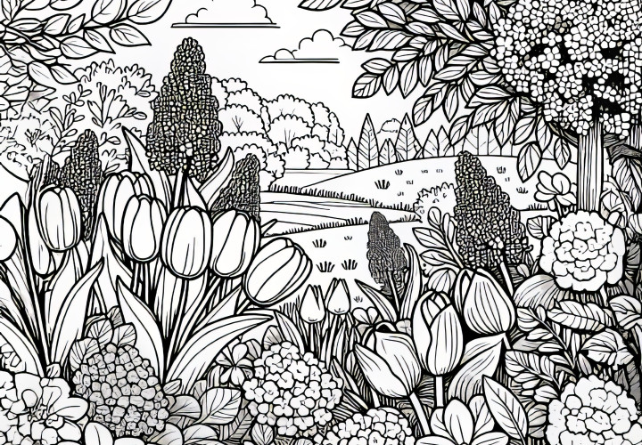 Garden full of tulips, daffodils, and lilacs in May: coloring page for download (free)