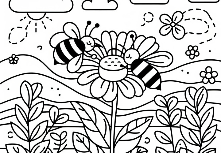 Bees pollinate flowers in May: Free coloring page