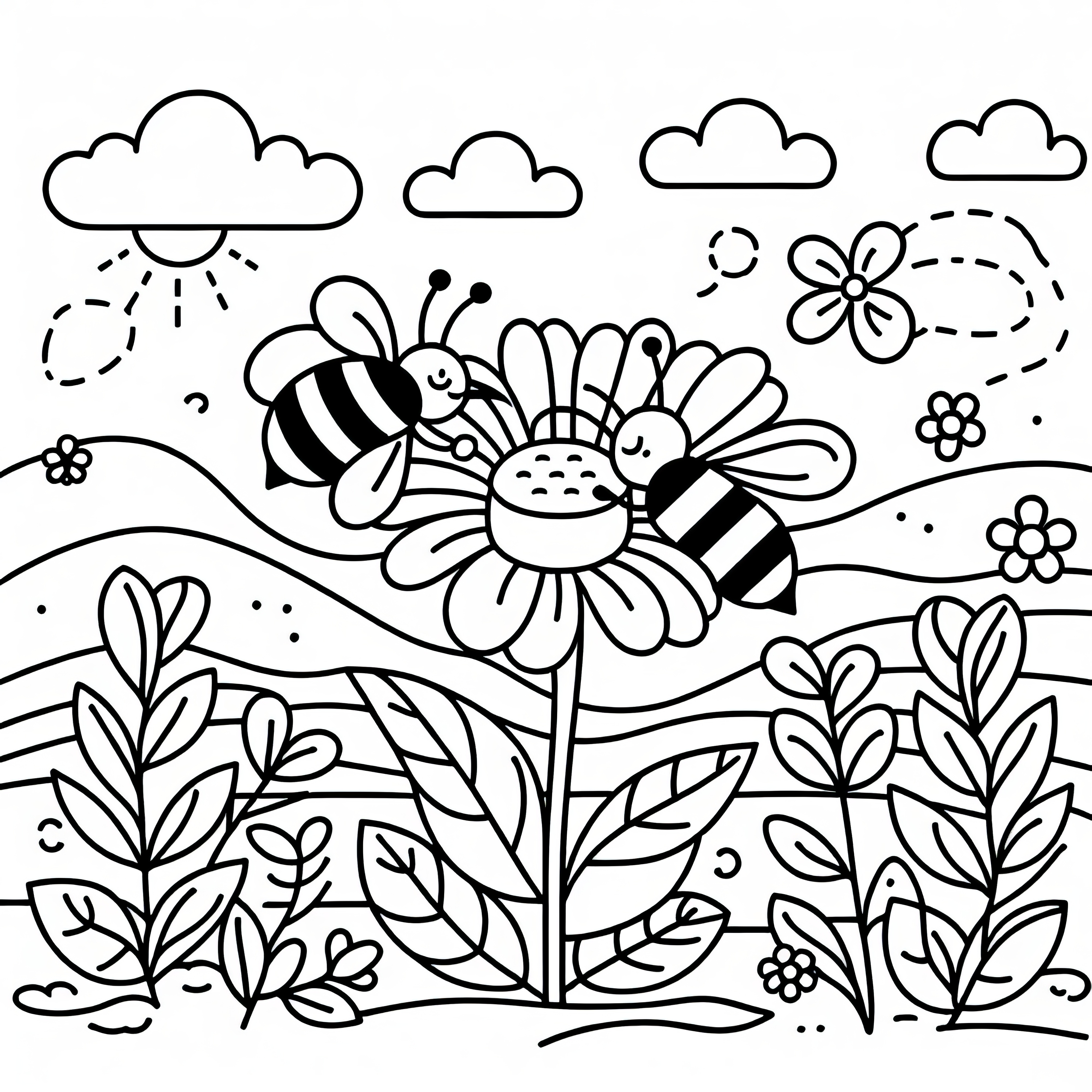 Bees pollinate flowers in May: Free coloring template