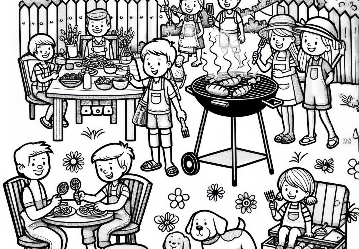 People at the barbecue party in the garden in May: Coloring picture for download (Free)