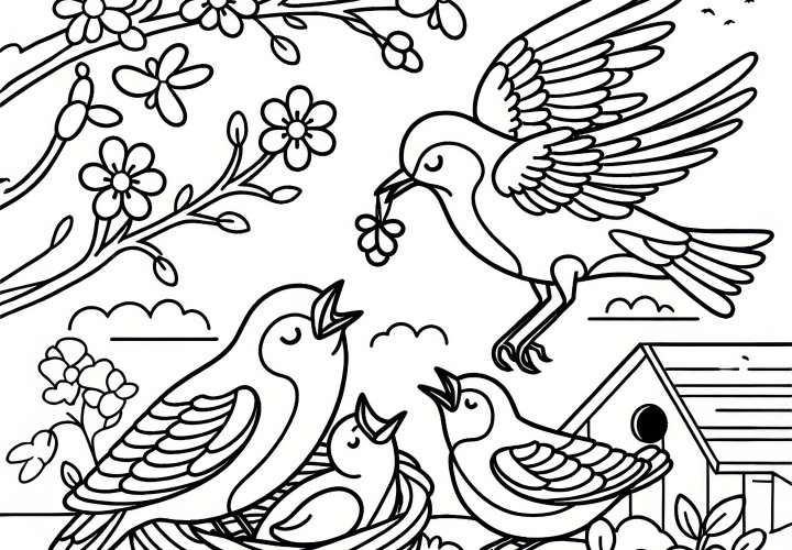 Birds feed their young in May: Coloring picture for download (Free)