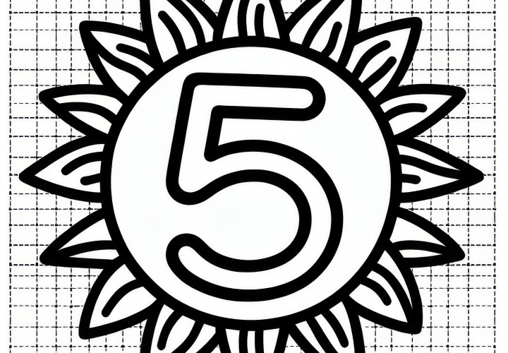 Number 5 in bright sun: Coloring picture for May for download (Free)