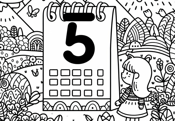 Calendar page with the number 5 for the month of May as a coloring template (Free)