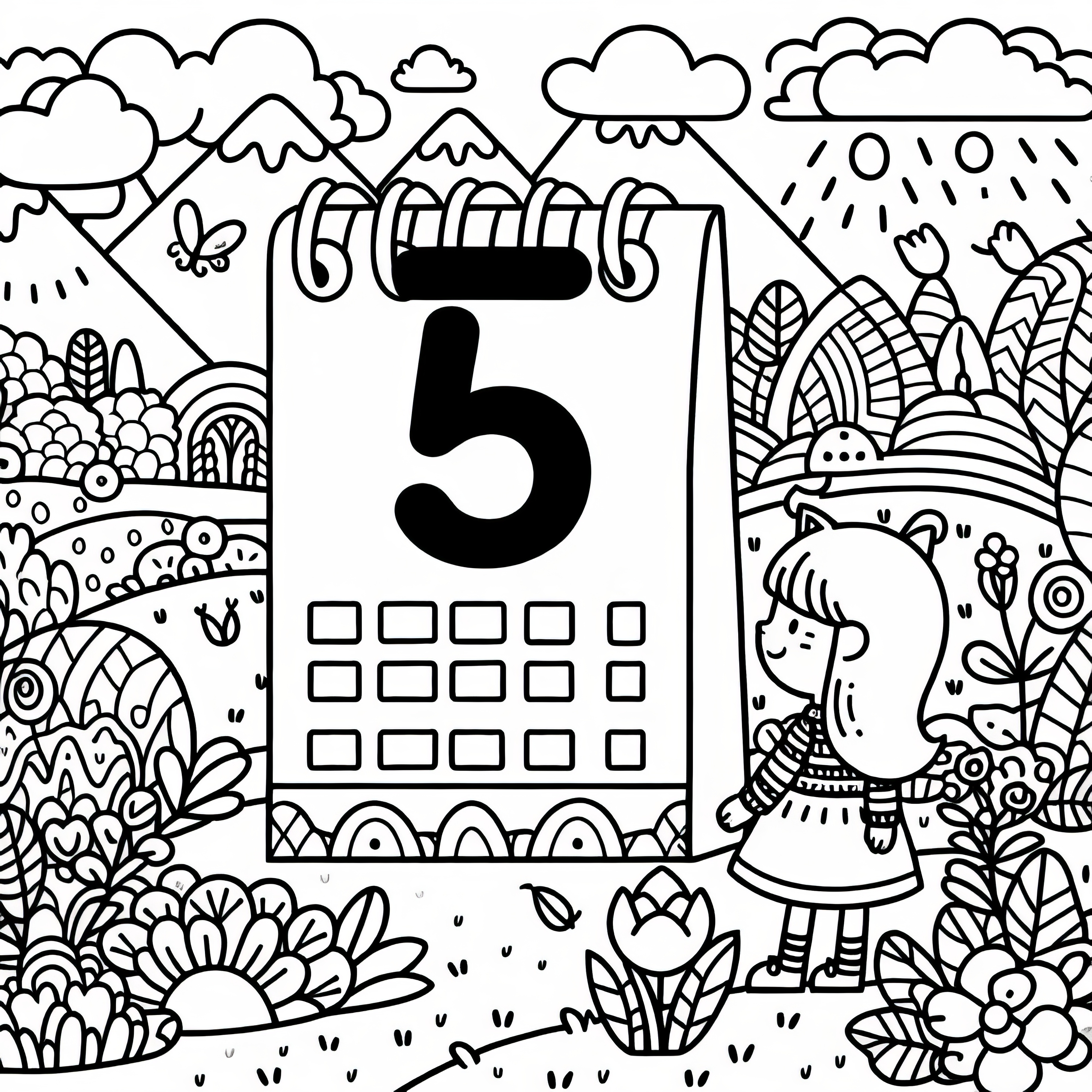 Calendar page with the number 5 for the month of May as a coloring template (free)