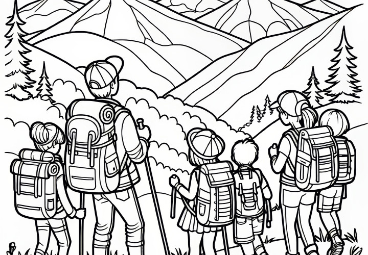 People enjoy hiking in the mountains in May: Coloring picture for download (Free)