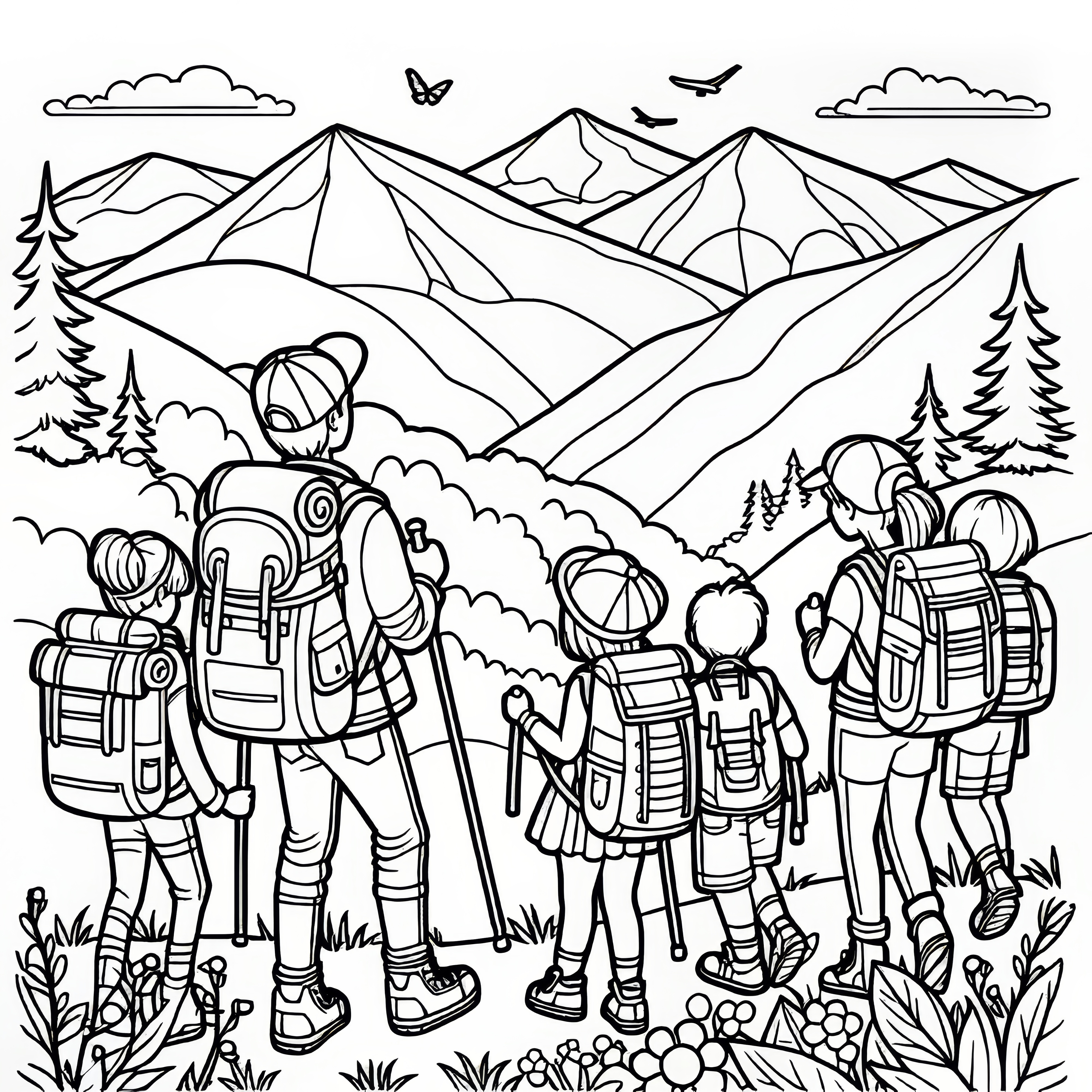 People enjoy hiking in the mountains in May: Coloring picture to download (Free)