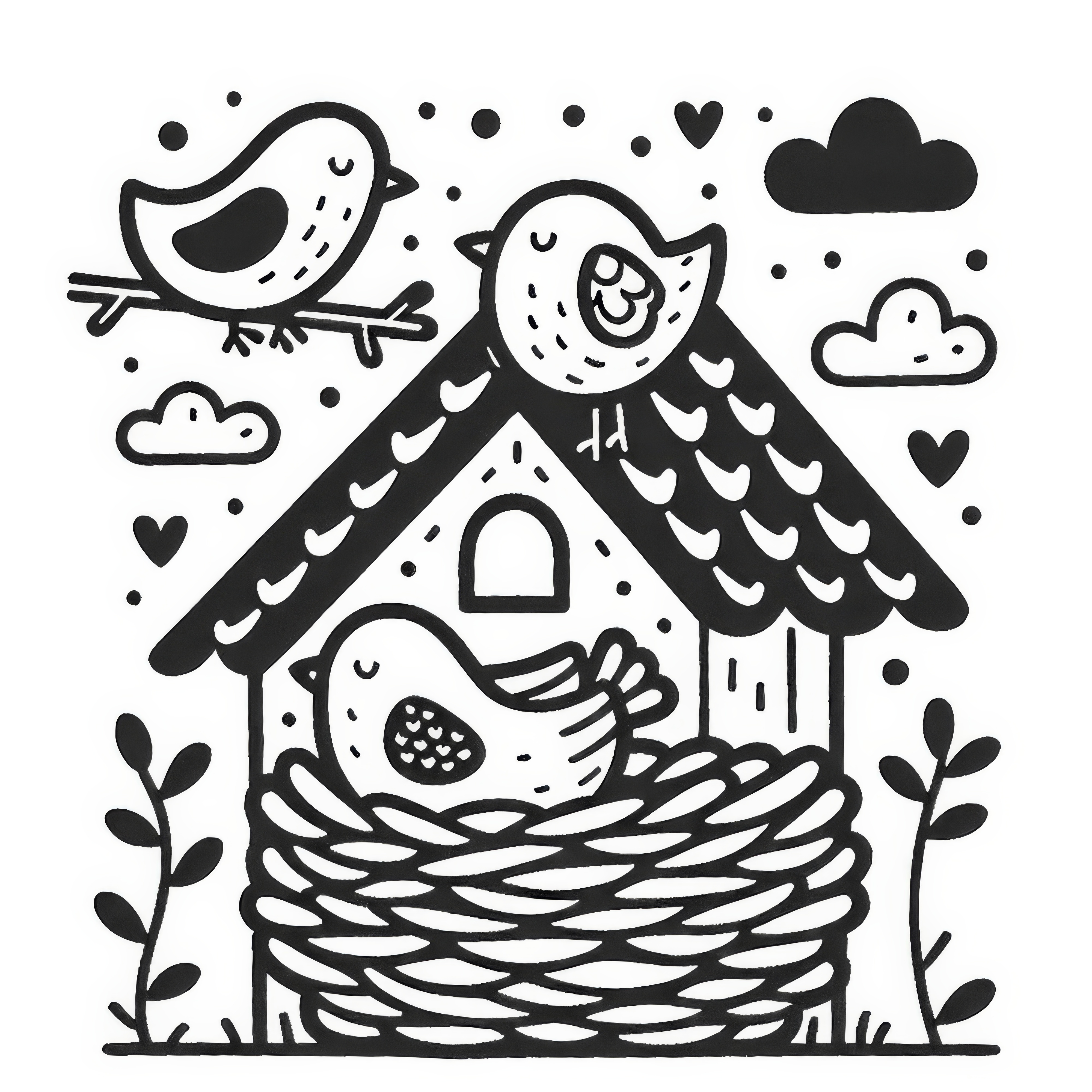 Birds build a nest in May: Coloring page for download (Free)