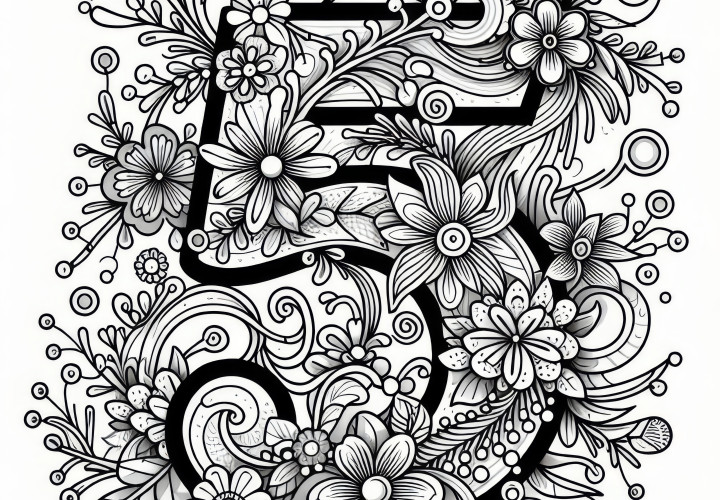 The number 5 with flower ornaments: Coloring picture for May (Free)