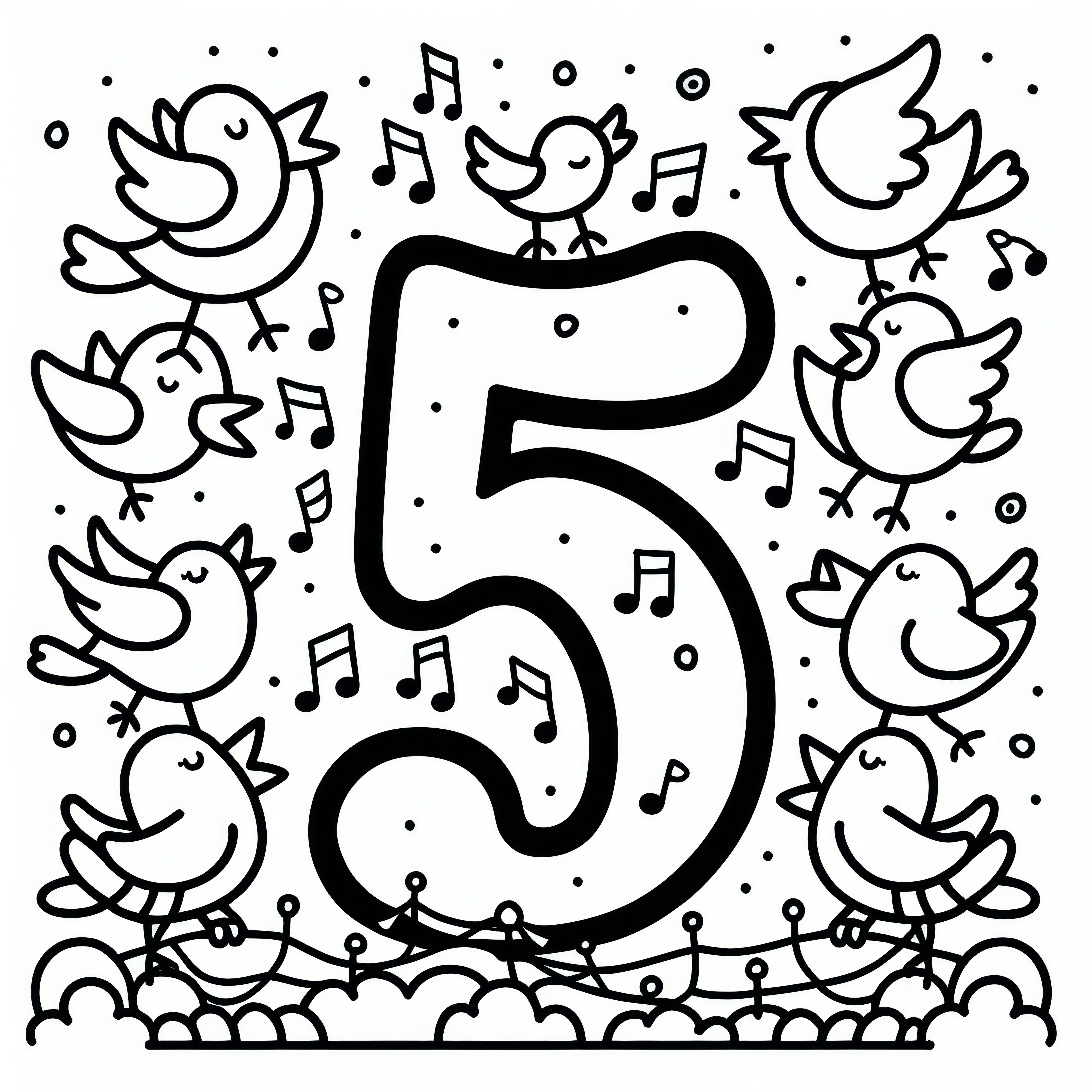 Musical number 5 with singing birds as May coloring picture: Free download