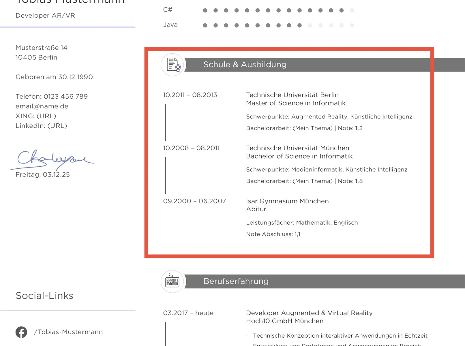 Formation dans le curriculum vitae