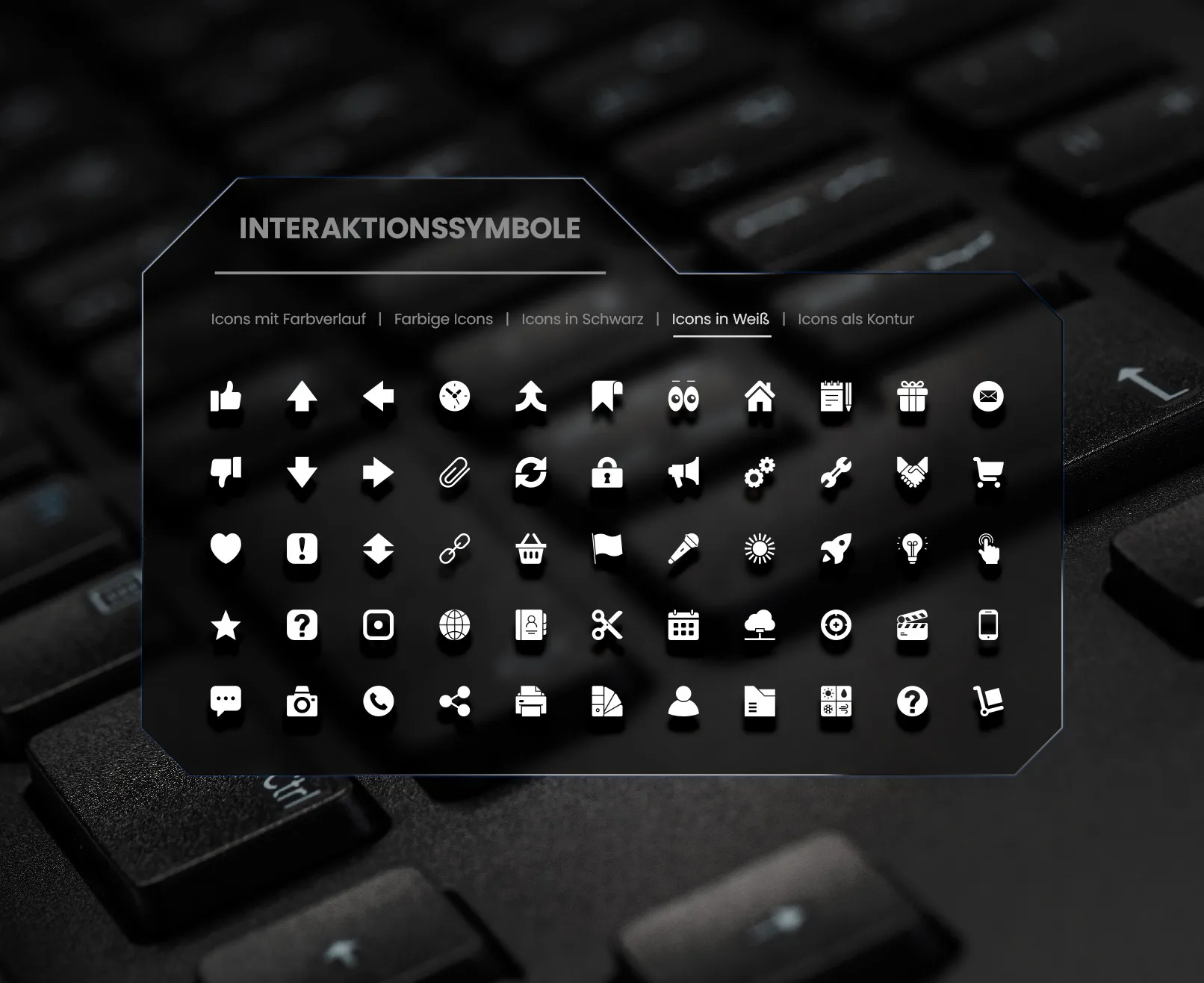 50 Symbole für Interaktionen und Navigationselemente auf Webseiten und Apps.