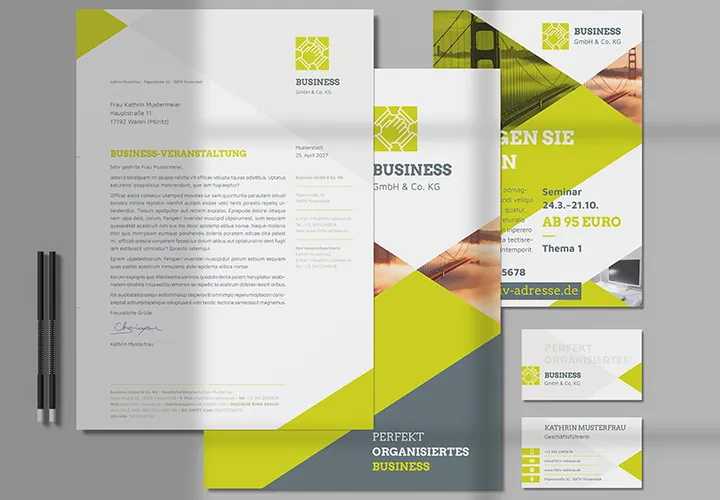 Forretningsudstyr "Business": Flyer, brevpapir, visitkort og Co. til download.