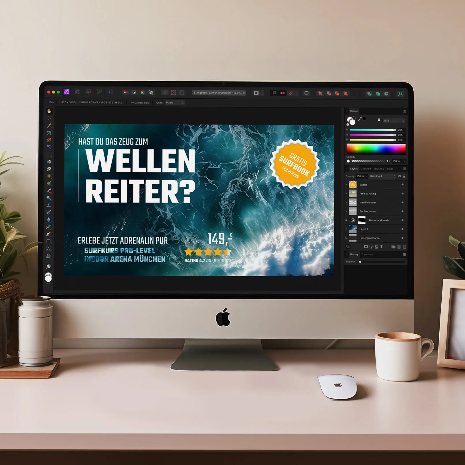 Plantilla de banner para Photoshop y Affinity Photo con diseño de jinete de olas