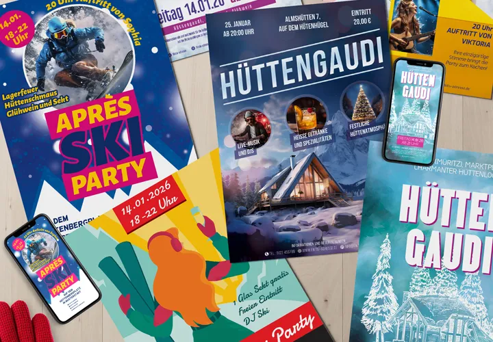 After-ski-fest & hygge på hytten - Flyer- og plakat-skabeloner til vinteren.