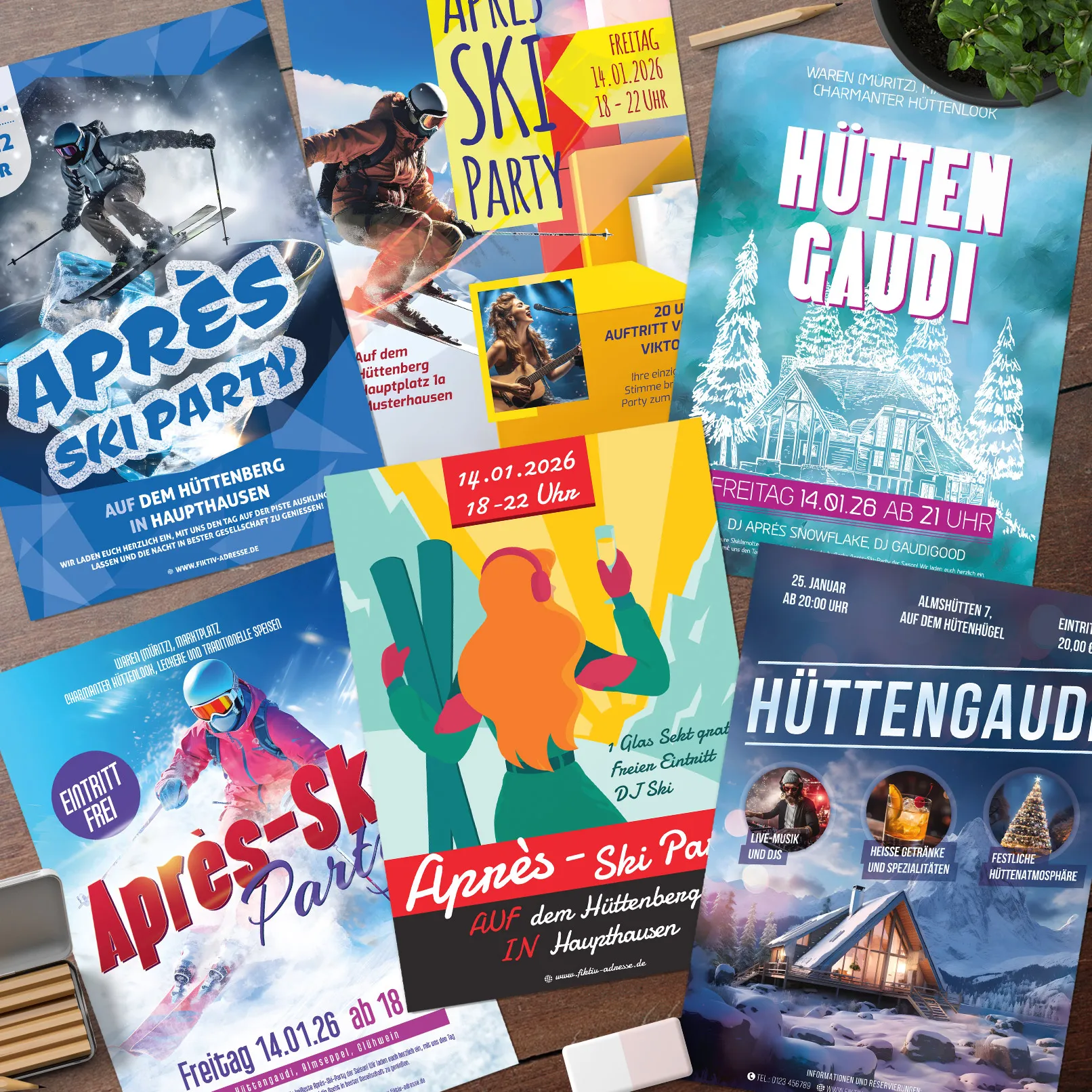 Après-ski et fête en chalet - modèles de flyers et d'affiches pour l'hiver.