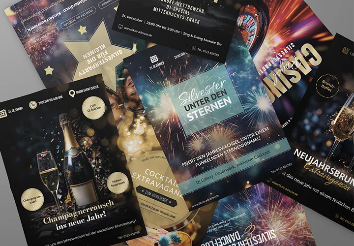 Nochevieja: plantillas de folletos y carteles para fiestas de fin de año