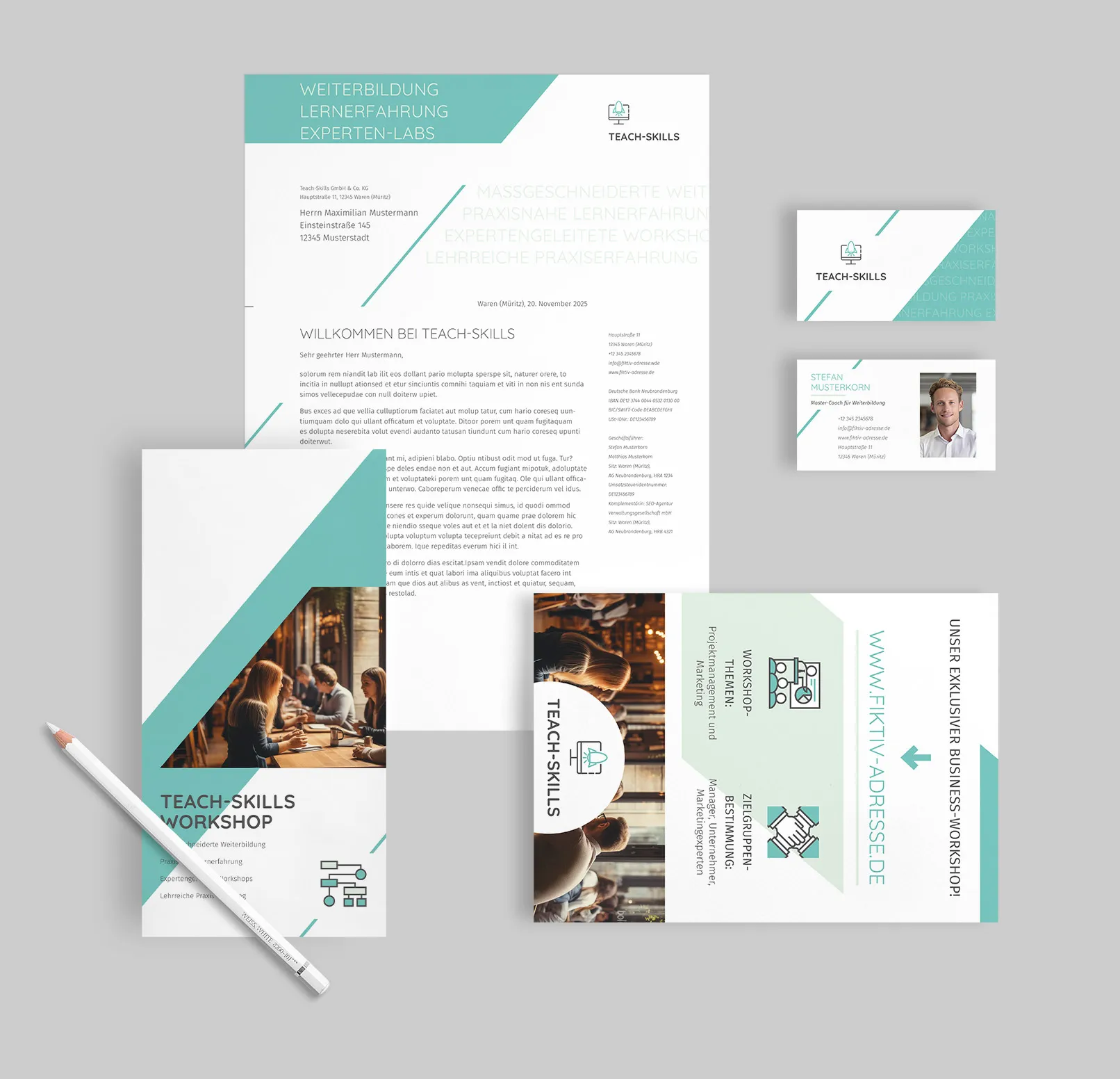 Corporate-Design-Vorlagen für Dozenten, Tutoren, Berater & Workshop-Anbieter: Flyer, Briefpapier, Anzeige, Visitenkarte