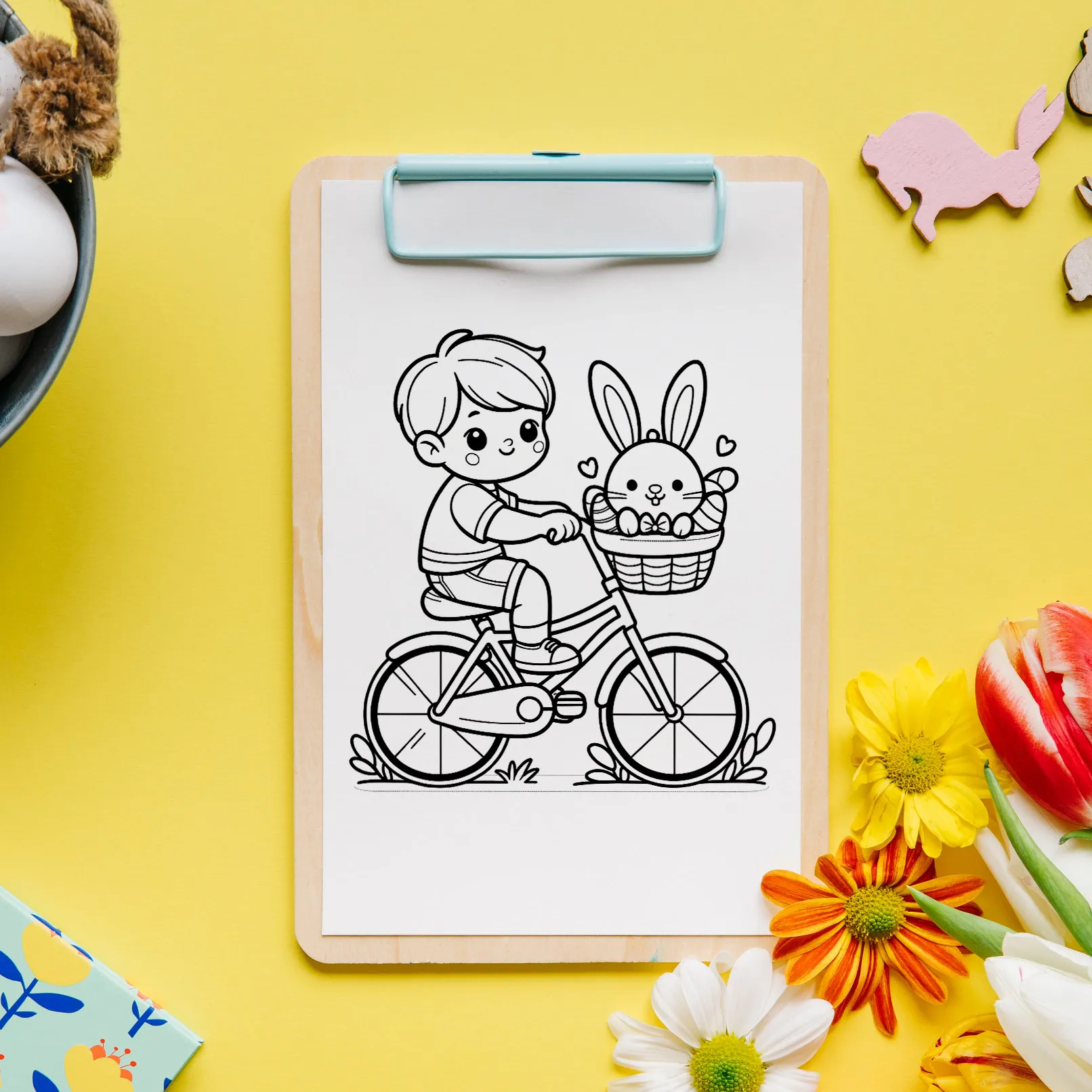 Coloriages de Pâques - Enfant à vélo, avec lapin de Pâques