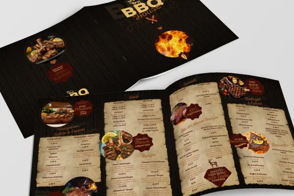 Modelli di menu per steakhouse con design barbecue.