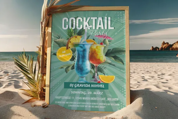 Einfach herunterladen, öffnen und anpassen – fertig sind deine Plakate und Flyer für Cocktailpartys.
