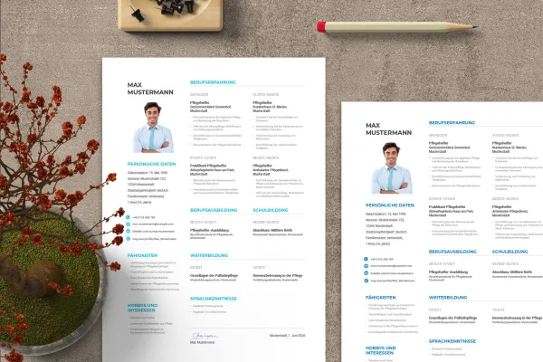 Curriculum vitae de assistente de enfermagem - modelo de uma página para Word, InDesign e Affinity Publisher.