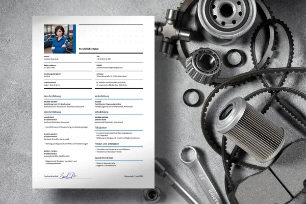 Resume automotive mechanic - one-page template for Word, InDesign, and Affinity Publisher