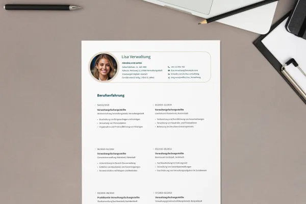 Curriculum Vitae Public Administration Clerk - one-page template for Word, InDesign, and Affinity Publisher