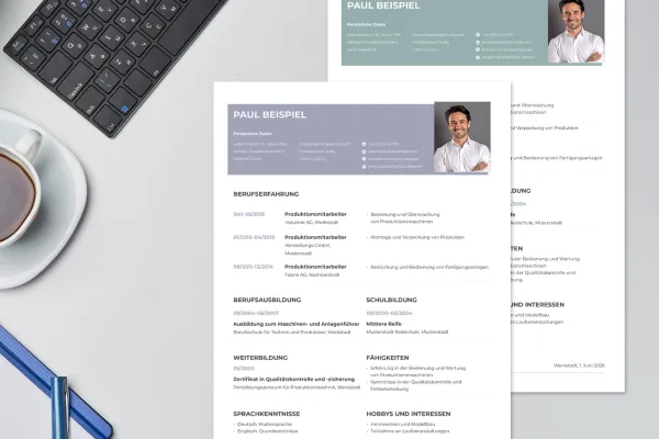 Curriculum vitae production worker - one-page template for Word, InDesign and Affinity Publisher.