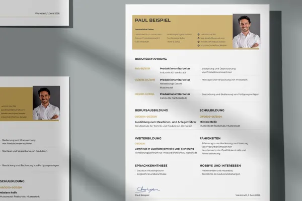 Lebenslauf Produktionsmitarbeiter/-in – einseitige Vorlage für Word, InDesign und Affinity Publisher