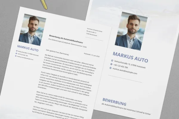 Bewerbungsvorlage zur Bewerbung als Automobilkaufmann, Automobilkauffrau: Deckblatt, Anschreiben