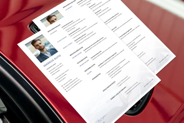 Resume car salesman - one-sided template for Word, InDesign, and Affinity Publisher.