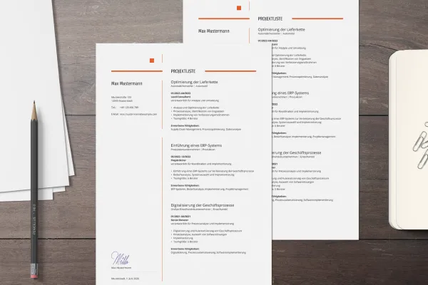 Vorlage für die Projektliste für eine Bewerbung, bearbeitbar in Word