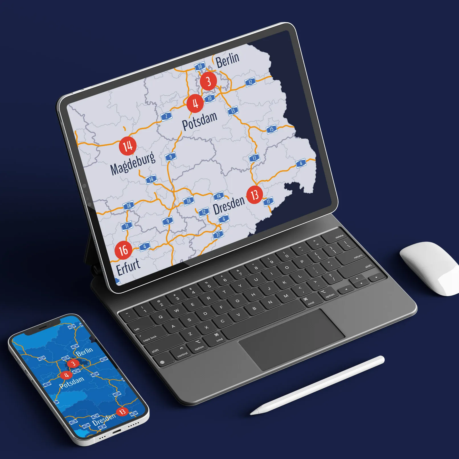 Mapa de Alemania con autopistas y capitales en portátil y smartphone