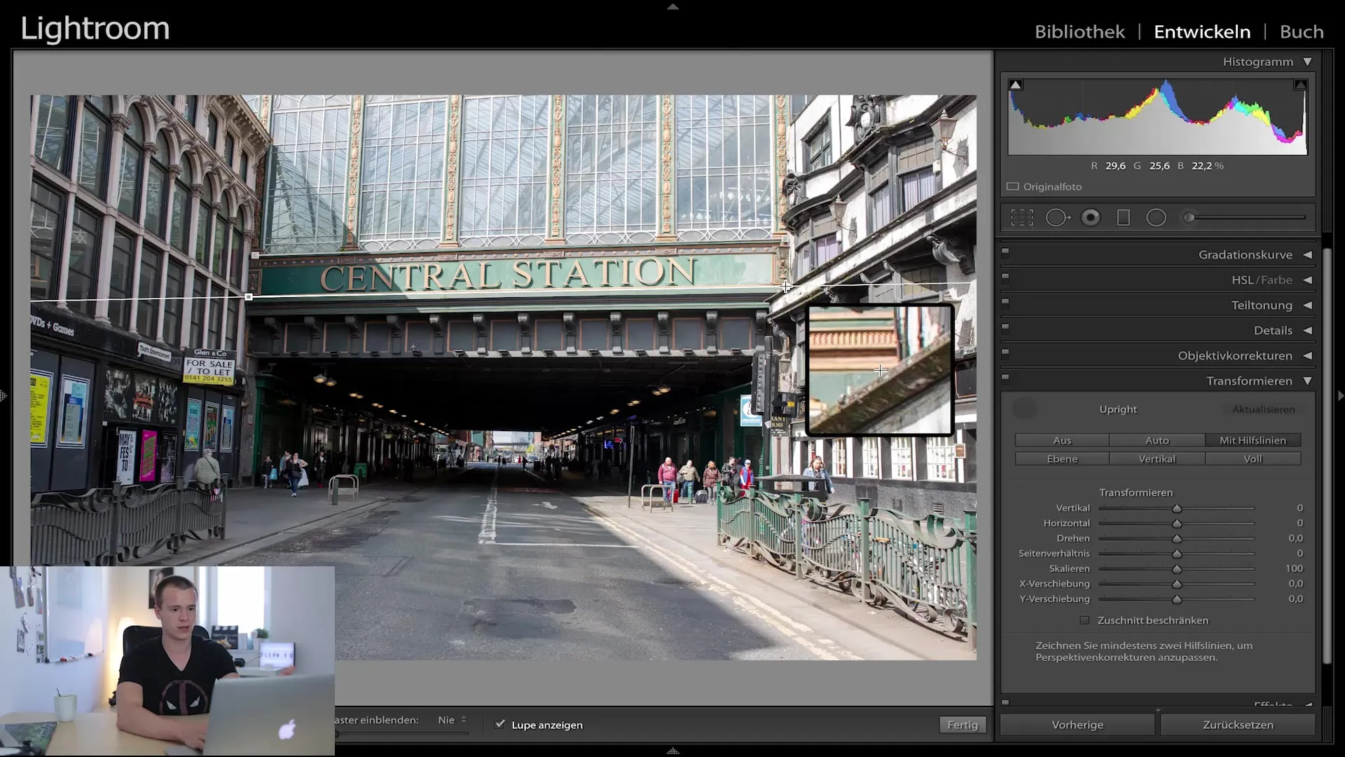 Retouche professionnelle d'images avec la boîte de dialogue de transformation dans Lightroom