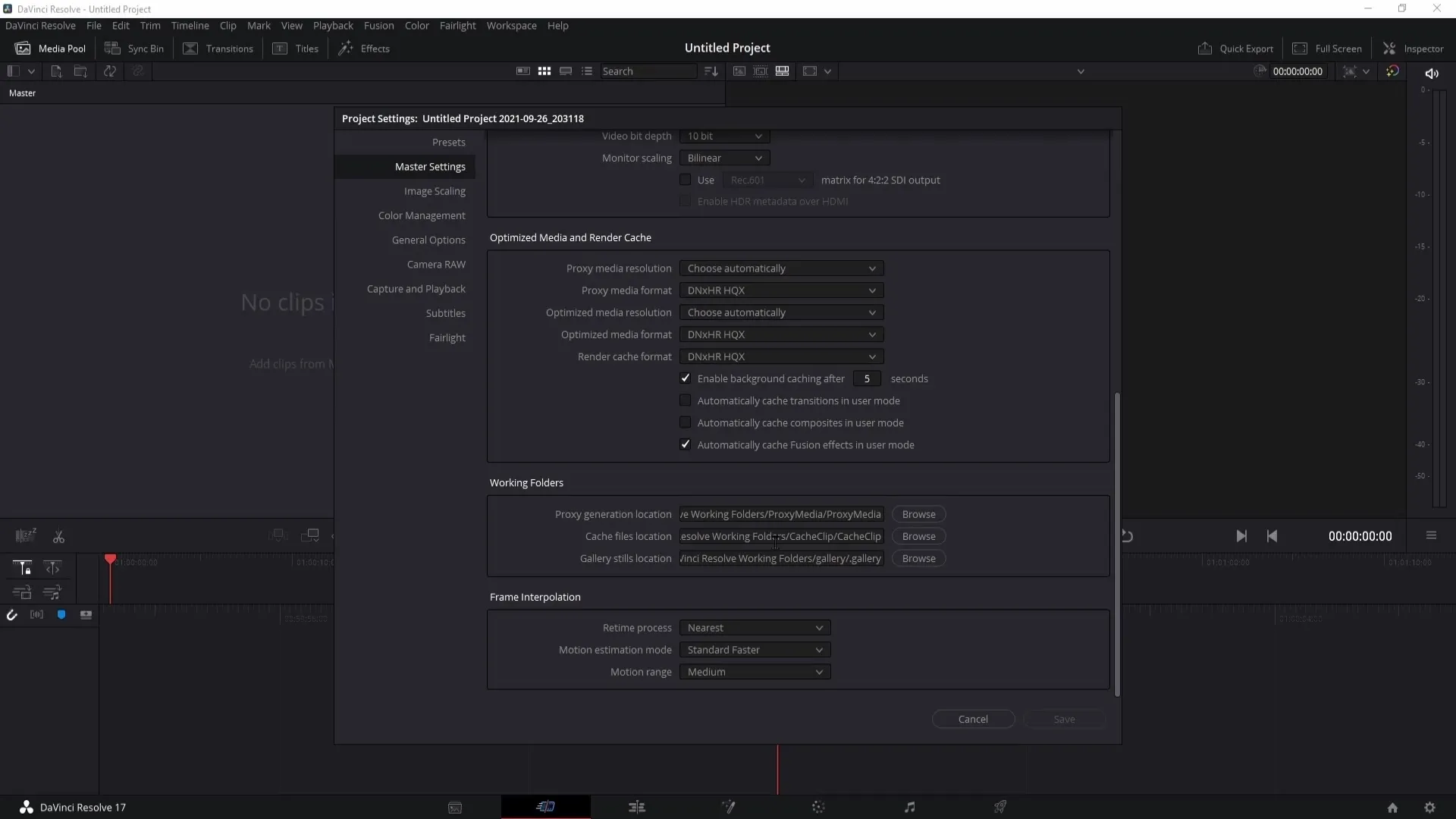 DaVinci Resolve : Changer l'emplacement pour la sauvegarde, les dossiers de travail et les clips