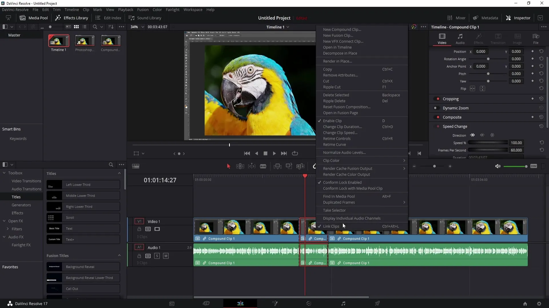 DaVinci Resolve: Speed adjustment of clips and audio