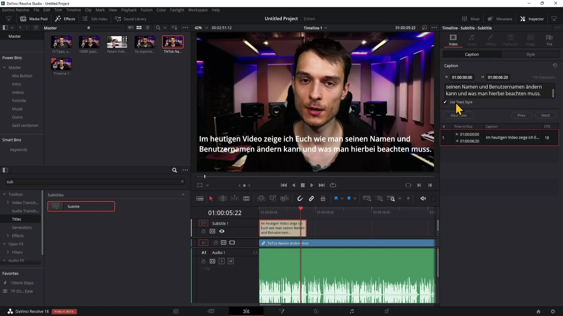 Membuat dan mengekspor subtitle di DaVinci Resolve 5.14