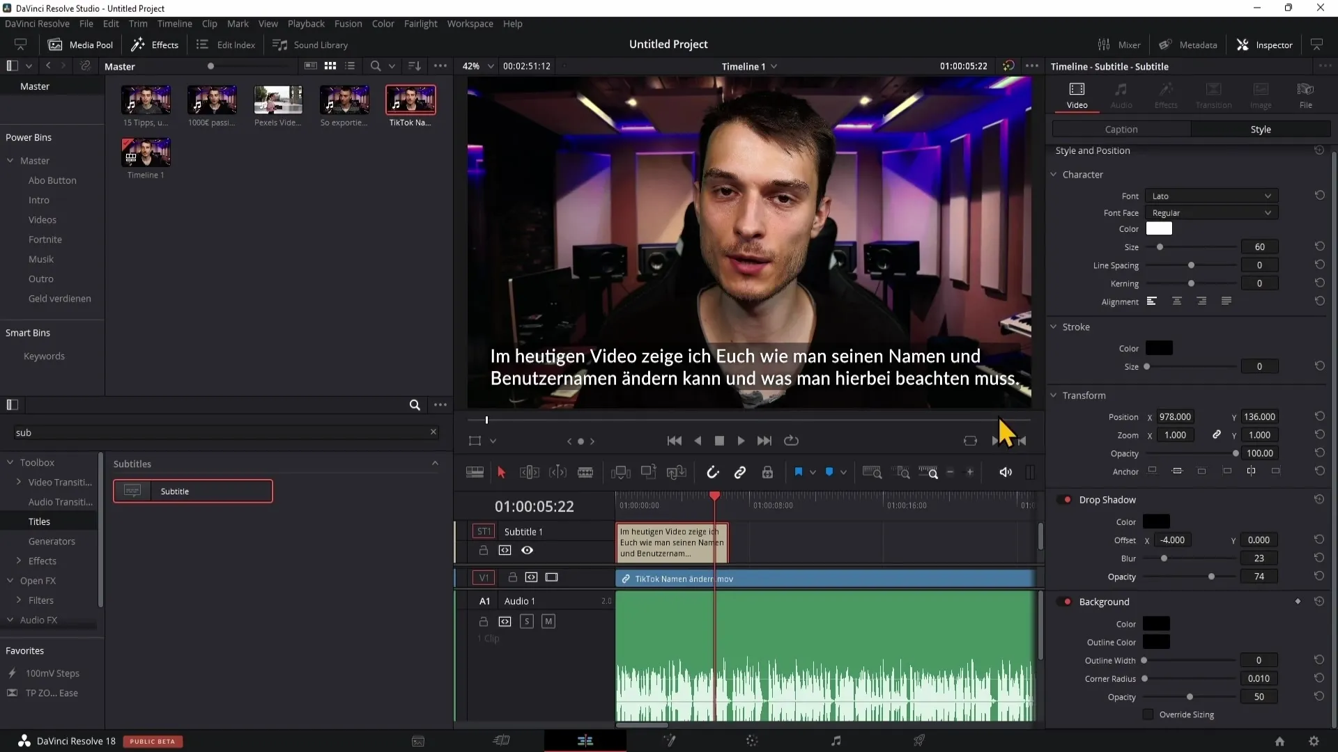 Subtitru izveide un eksportēšana programmā DaVinci Resolve 5.14