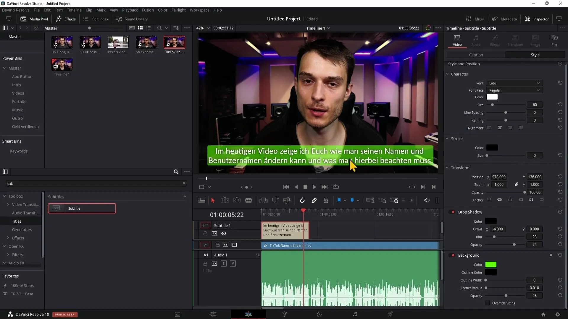 Membuat dan mengekspor subtitle di DaVinci Resolve 5.14