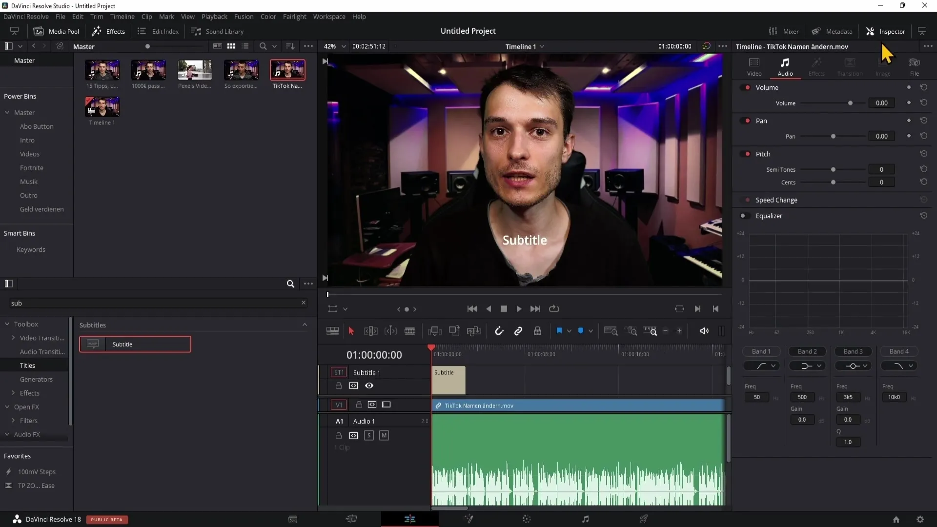 Subtitru izveide un eksportēšana programmā DaVinci Resolve 5.14