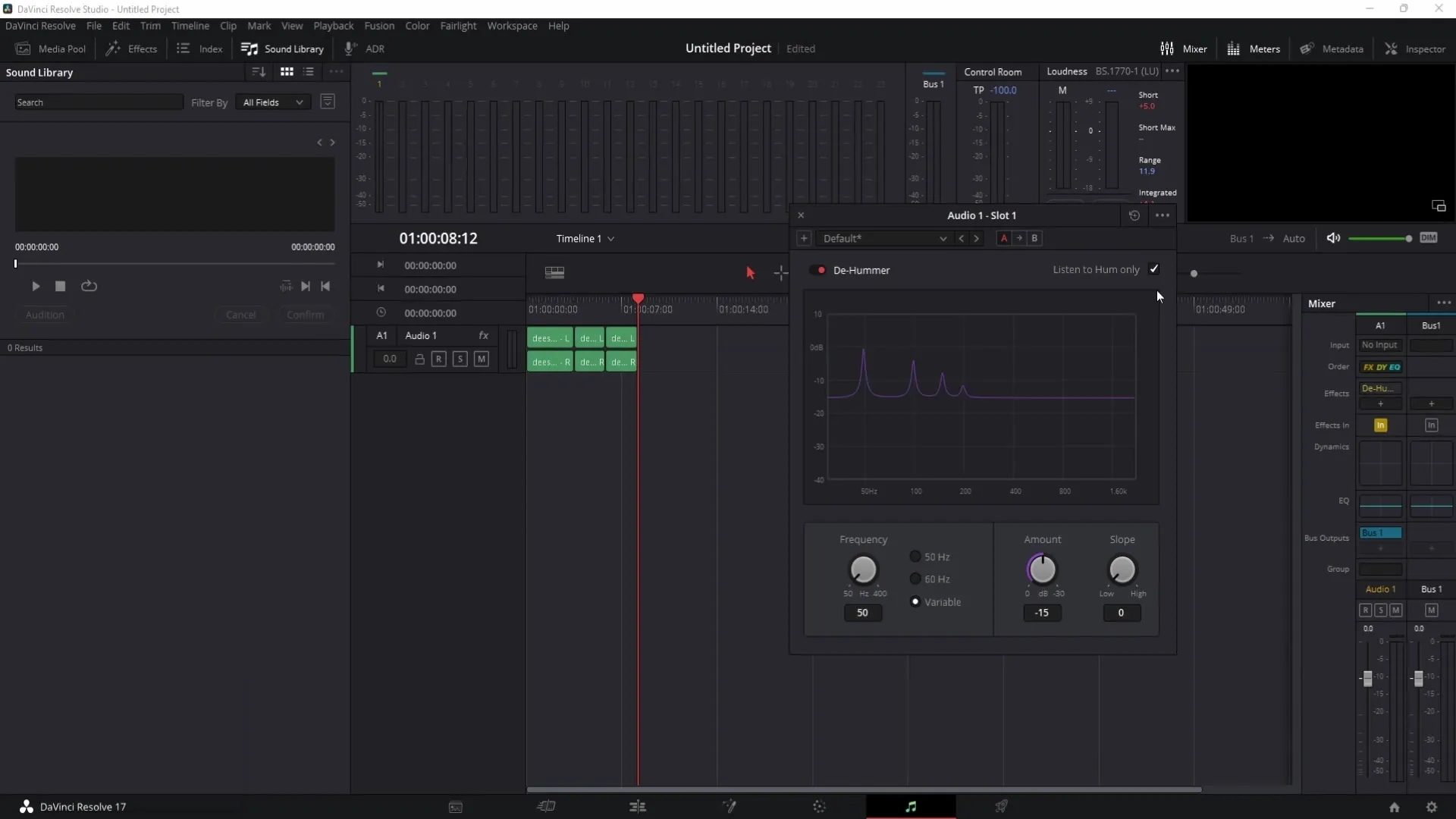 Menghilangkan suara keras S-, suara keras Sch-, atau desisan di DaVinci Resolve