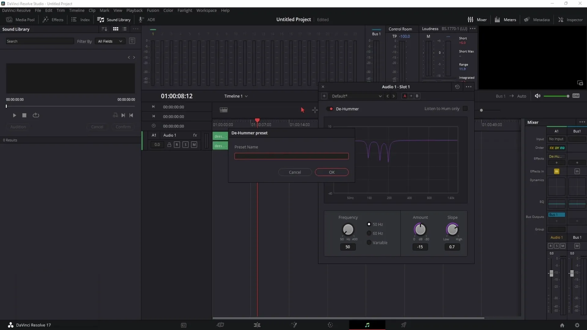 Menghilangkan suara keras, suara "sch", atau dengungan di DaVinci Resolve