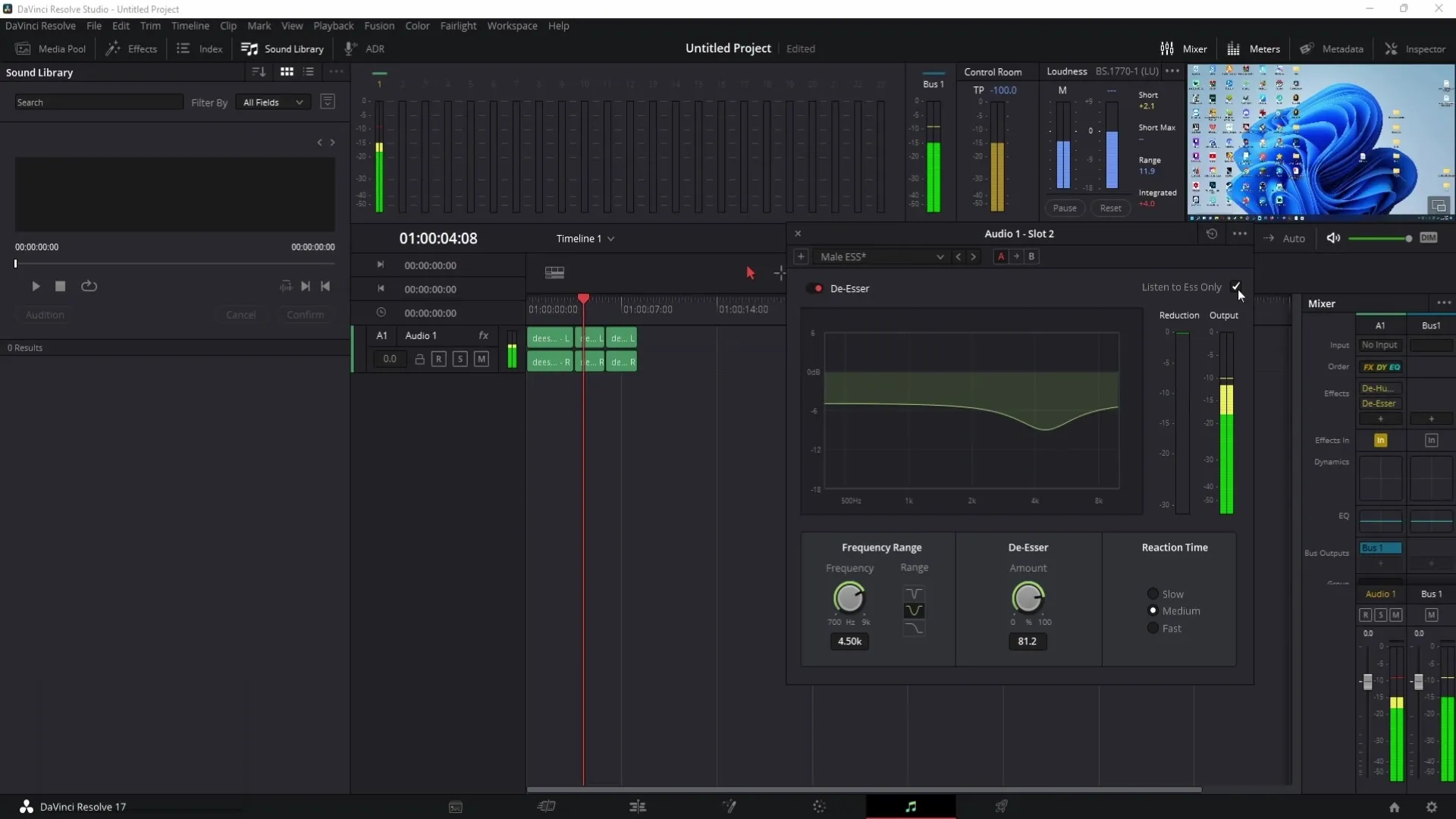 Menghilangkan suara keras, bunyi berderak, atau dengungan di DaVinci Resolve