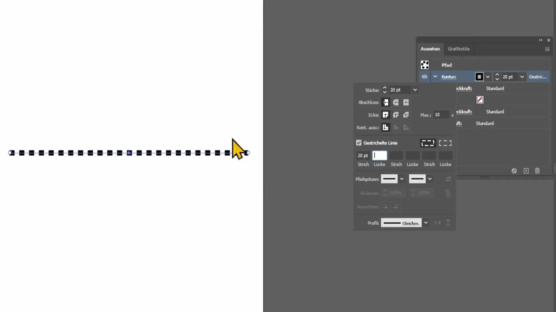 Pārtraukto un punktoto līniju izveide programmā Adobe Illustrator