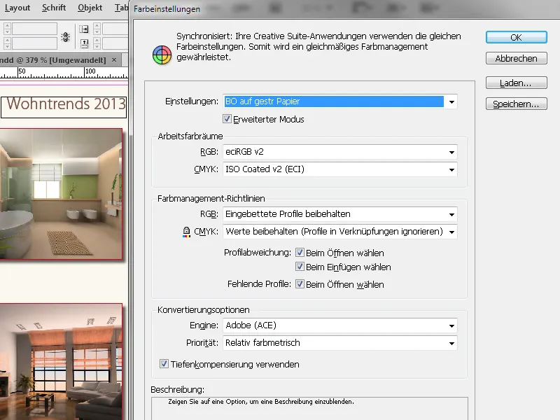 Ustawienia zarządzania kolorami w programie InDesign