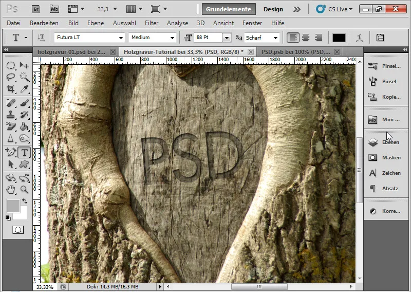 Engraving effect in wood for typography and layout