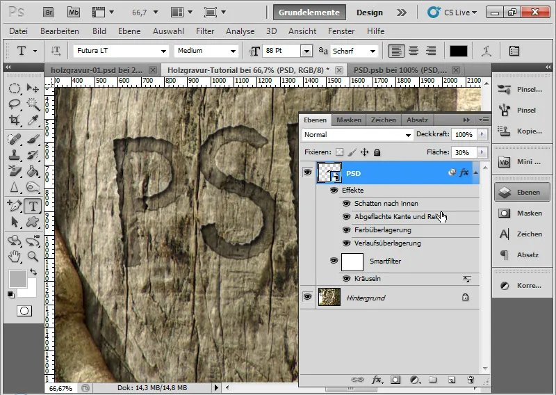 Engraving effect in wood for typography and layout