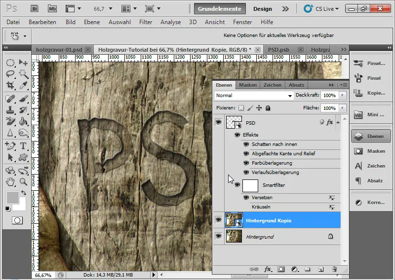 Gravureffekt in Holz für Typo und Layout