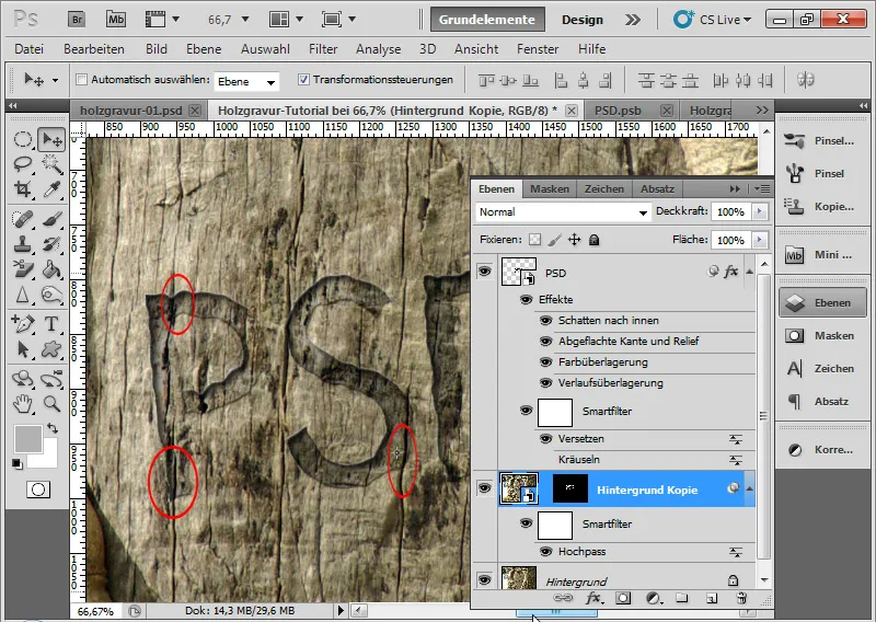 Gravureffekt in Holz für Typo und Layout