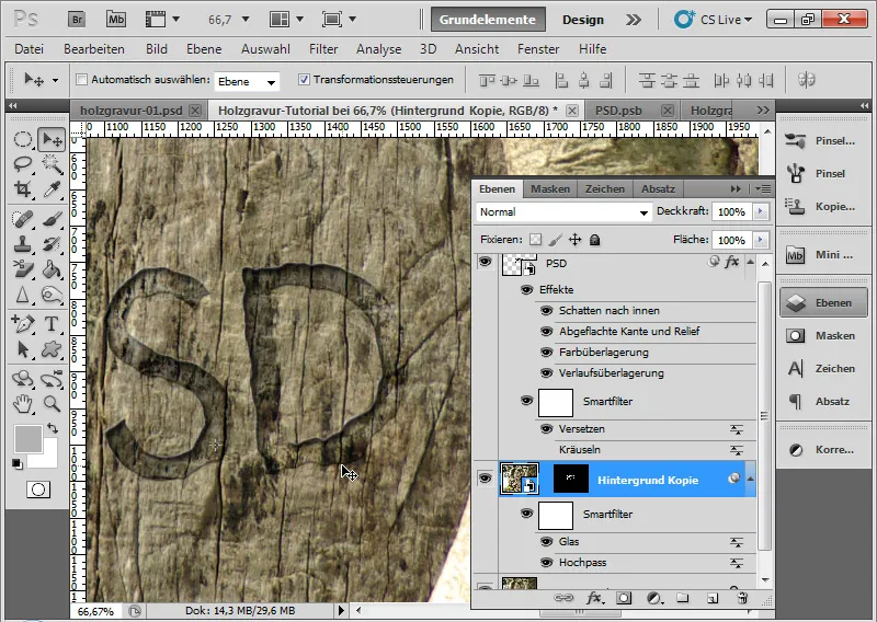 Gravureffekt in Holz für Typo und Layout